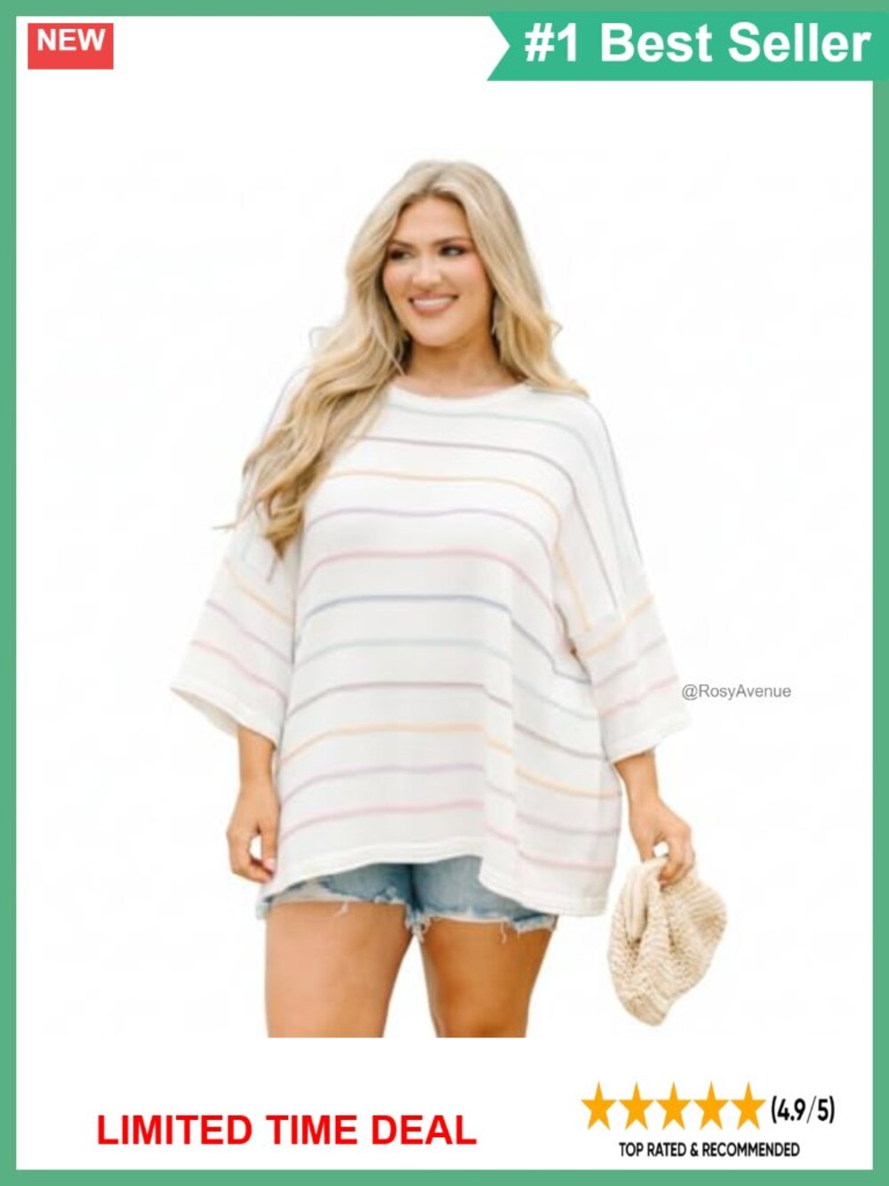 Striped Sweater Tunic Crew Neck 3/4 Sleeve Relaxed Fit